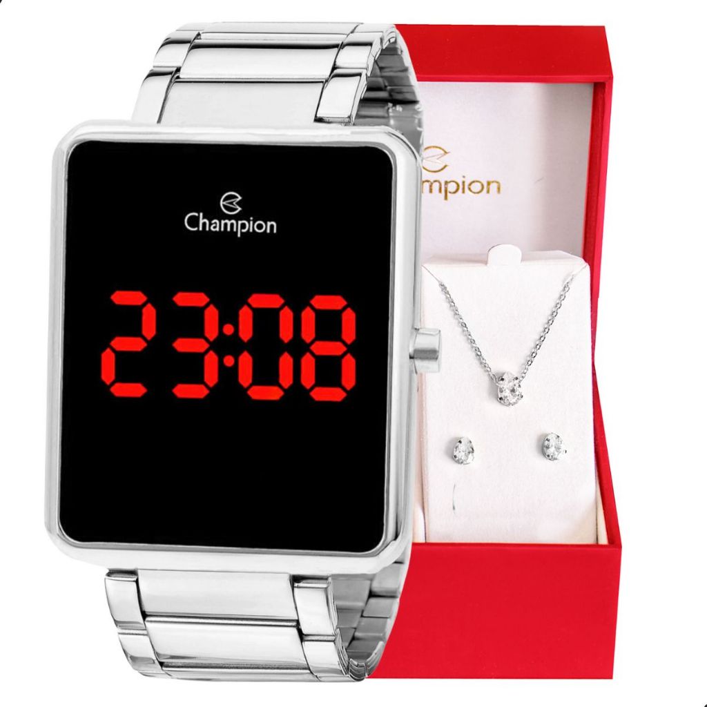 Relógio Champion Feminino Digital Prata + Kit Colar e Brincos Original Presente Luxo CH40086T - Watches