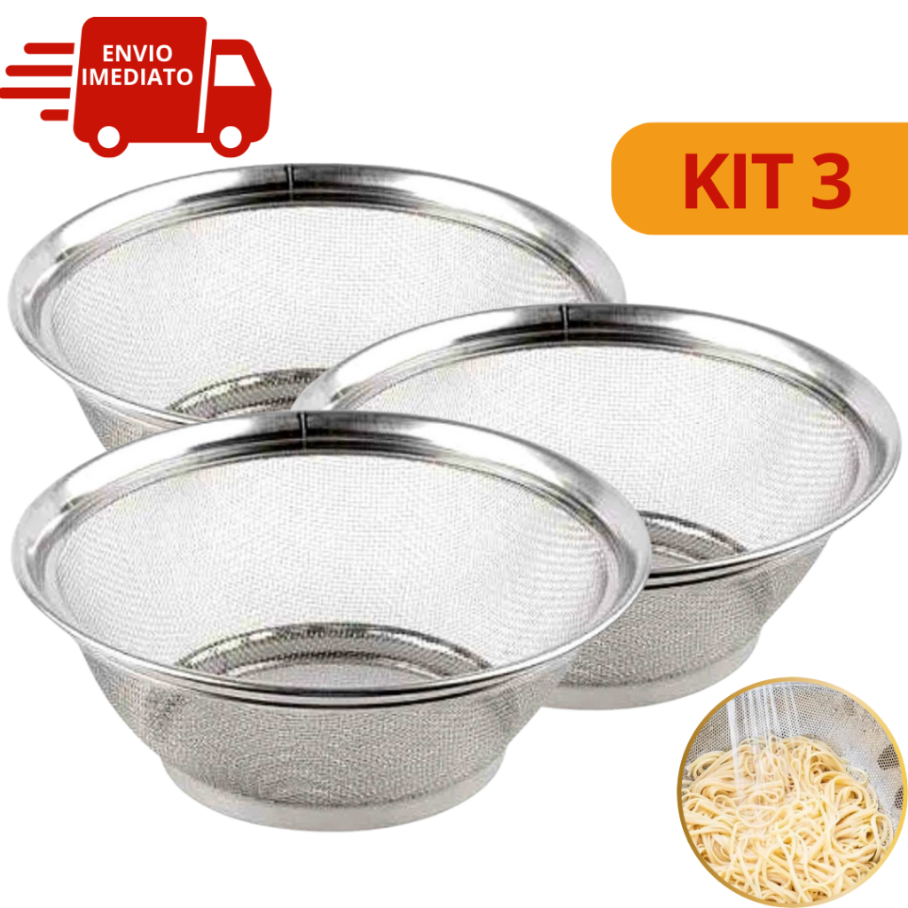 Kit 3 Cestas em Inox Escorredor Multiuso 22cm Cozinha Escorredor de Macarrão Legumes Arroz Fruteira