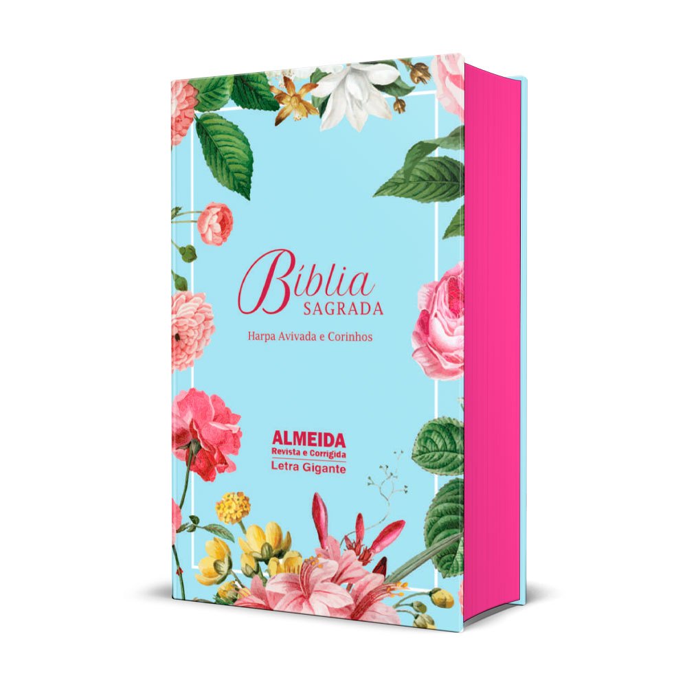 Bíblia Letra Gigante com Harpa e Palavras Jesus em Vermelho Capa Dura Azul Floral