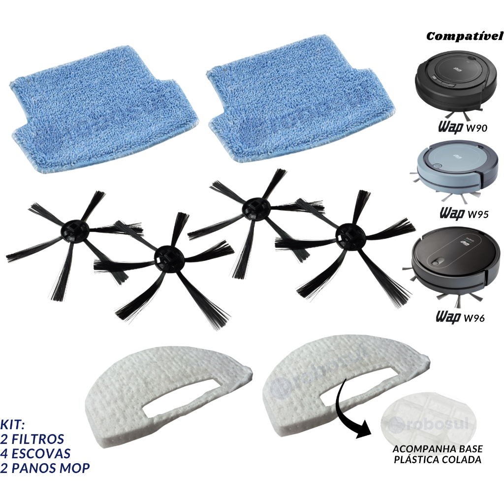4 Escovas 2 Filtros e 2 Panos Mop Para Robô Aspirador WAP W90 W95 W96