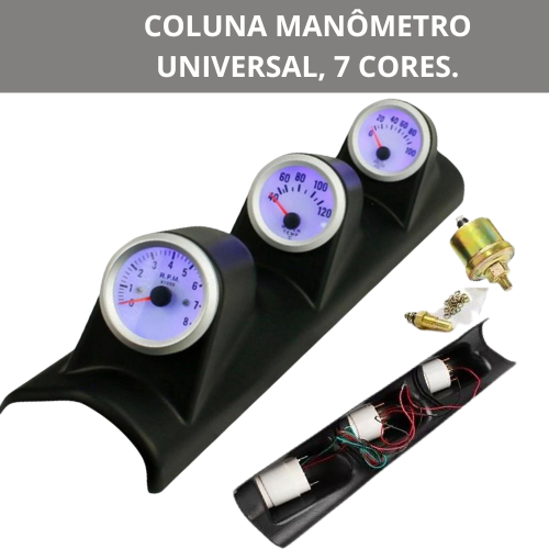 Coluna Universal 3 Manômetro Contagiro Rpm Agua Pressão Óleo (PRETO) - Assessórios para carro