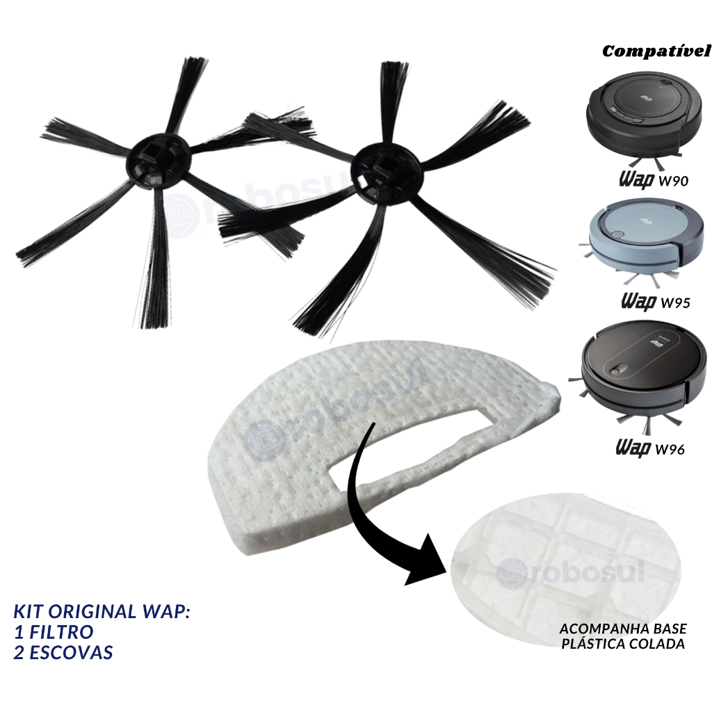 2 Escovas e 1 Filtro Para Robô Aspirador WAP W90 W95 W96