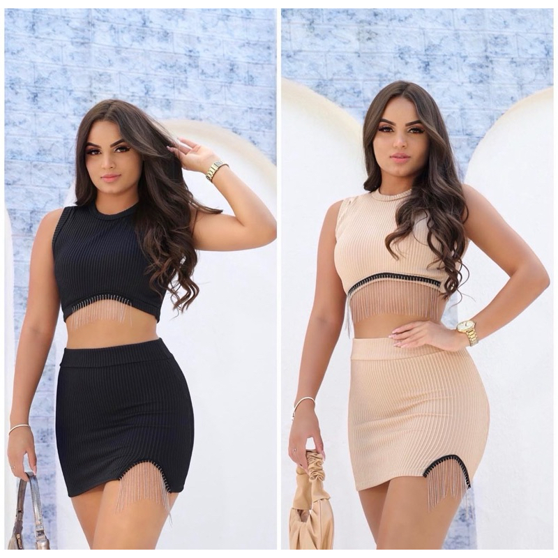 Conjunto cropped e saia Franja Canelado 3D        Conjunto franja short saia com cinto canelado 3 D