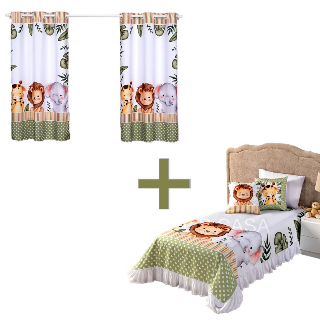 Kit Cortina 2 Metros + Colcha Cobre Leito 07 Peças Para Quarto infantil Menina/Menino Safari Baby