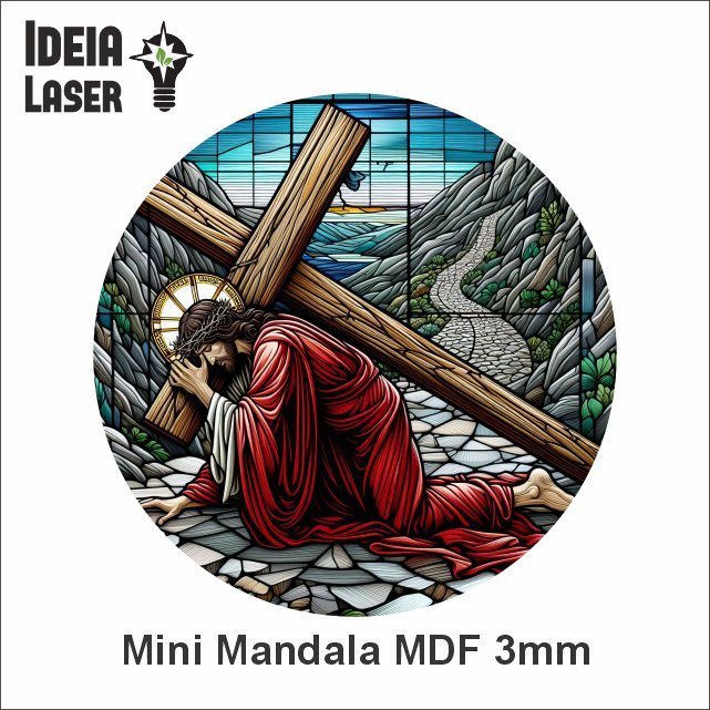 Via Sacra - Paixão de Cristo - 7ª Estação - Jesus Cai pela Segunda Vez - Mini Mandala MDF - Arte Estilo Vitral