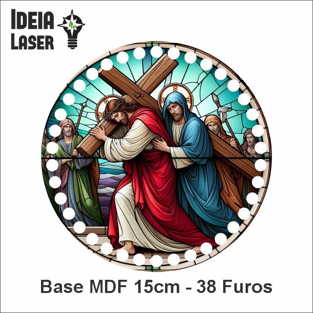 Via Sacra - Paixão de Cristo - 5ª Estação - Simão de Cirene Ajuda Jesus a Carregar a Cruz - Base MDF Fio de Malha Crochê - Arte Estilo Vitral