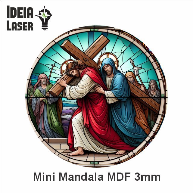 Via Sacra - Paixão de Cristo - 5ª Estação - Simão de Cirene Ajuda Jesus a Carregar a Cruz - Mini Mandala MDF  - Arte Estilo Vitral