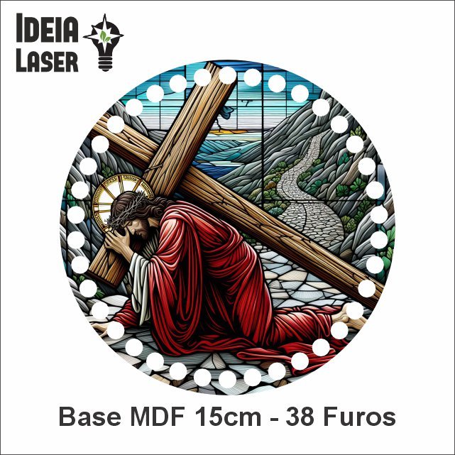 Via Sacra - Paixão de Cristo - 7ª Estação - Jesus Cai pela Segunda Vez - Base MDF Fio de Malha Crochê - Arte Estilo Vitral