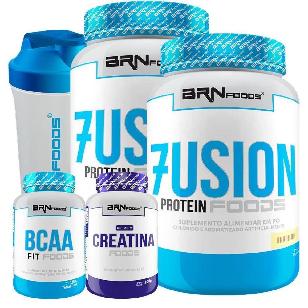 Kit 2x Whey Protein Fusion 900g + BCAA 100g + Creatina 100g + Coqueteleira - BRNFOODS - Health