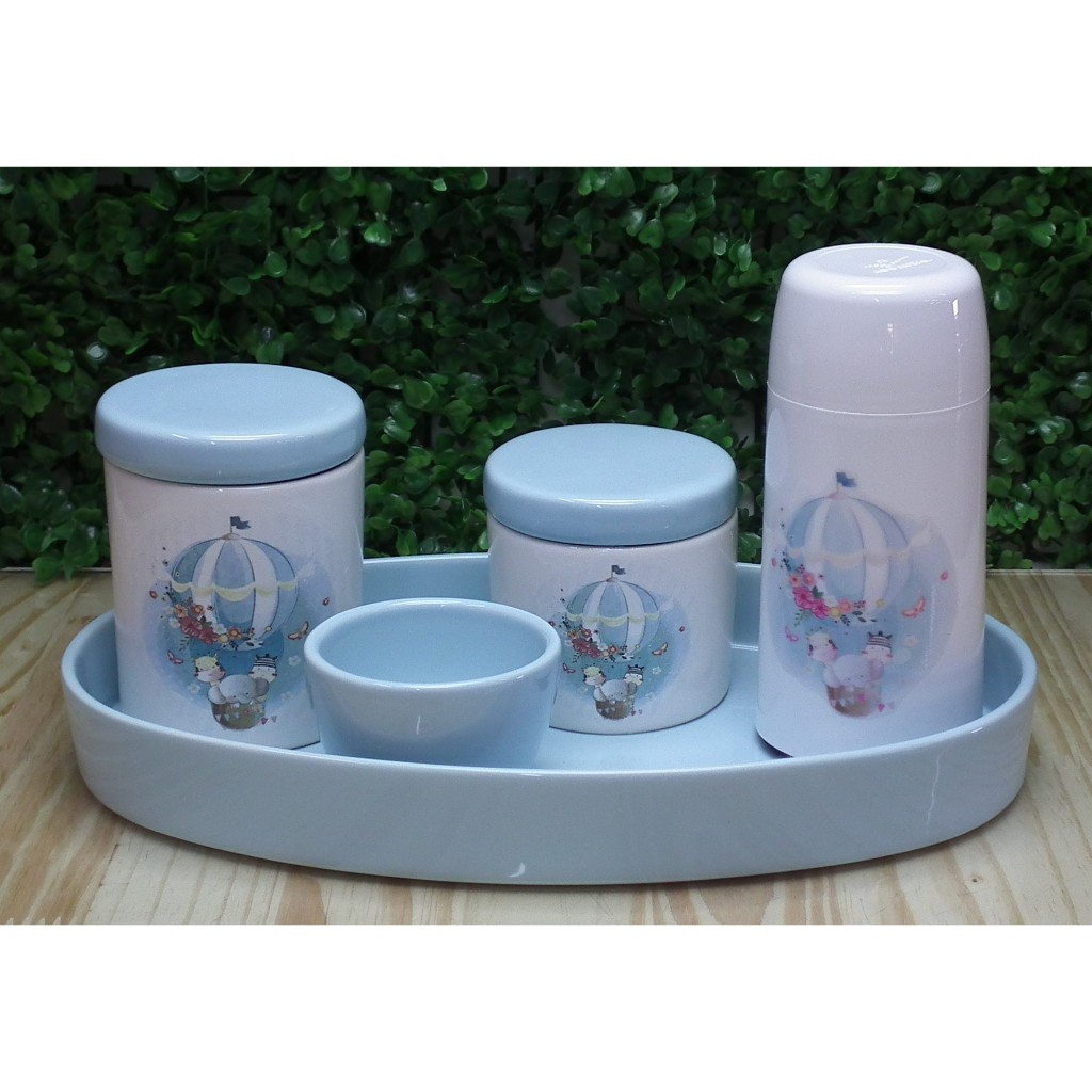 Kit Higiene Bebe de Porcelana Animais Baby no Balão com Bandeja Oval Azul Candy e Garrafa Térmica Mini 250 ML
