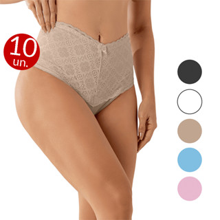 Kit 10 Calcinha Cintura Alta Modeladora Algodão e Renda Compressão Lingerie Cós Alto