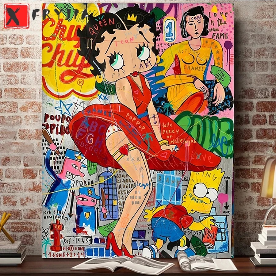 Quadro decorativo 1 peça 40x60 Arte de grafite bela mulher Betty Boop figura abstrata cartoon Girl decoração para casa sala quarto hall