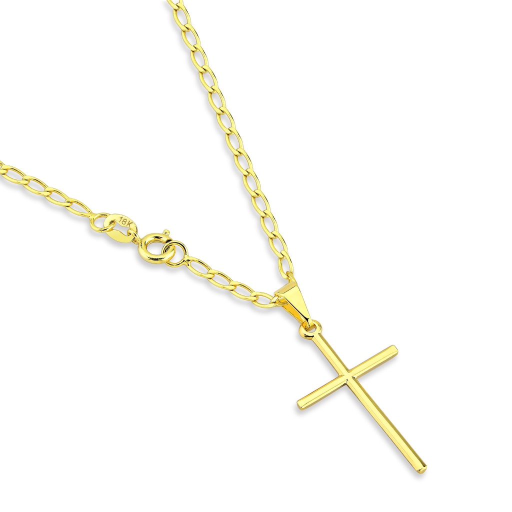 Correntinha Masculina Pingente Cruz Palito Banhados a Ouro 18k Cordão Fino com Crucifixo