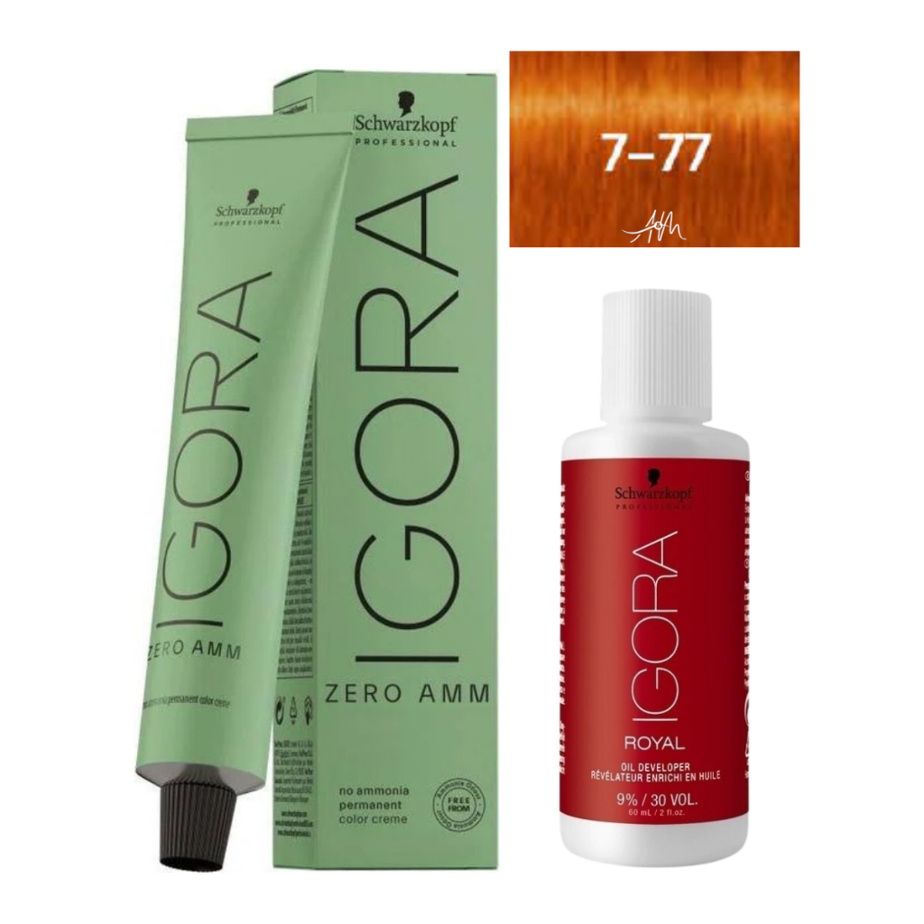 Kit Coloração Igora Zero Amônia 7-77 Louro Médio Cobre Extra 60g + Ox Igora Royal 30 Vol 60ml