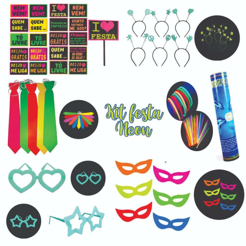 Kit Festa Neon Adereço Brilha Luz Negra 80 Itens Balada Aniverário Casamento