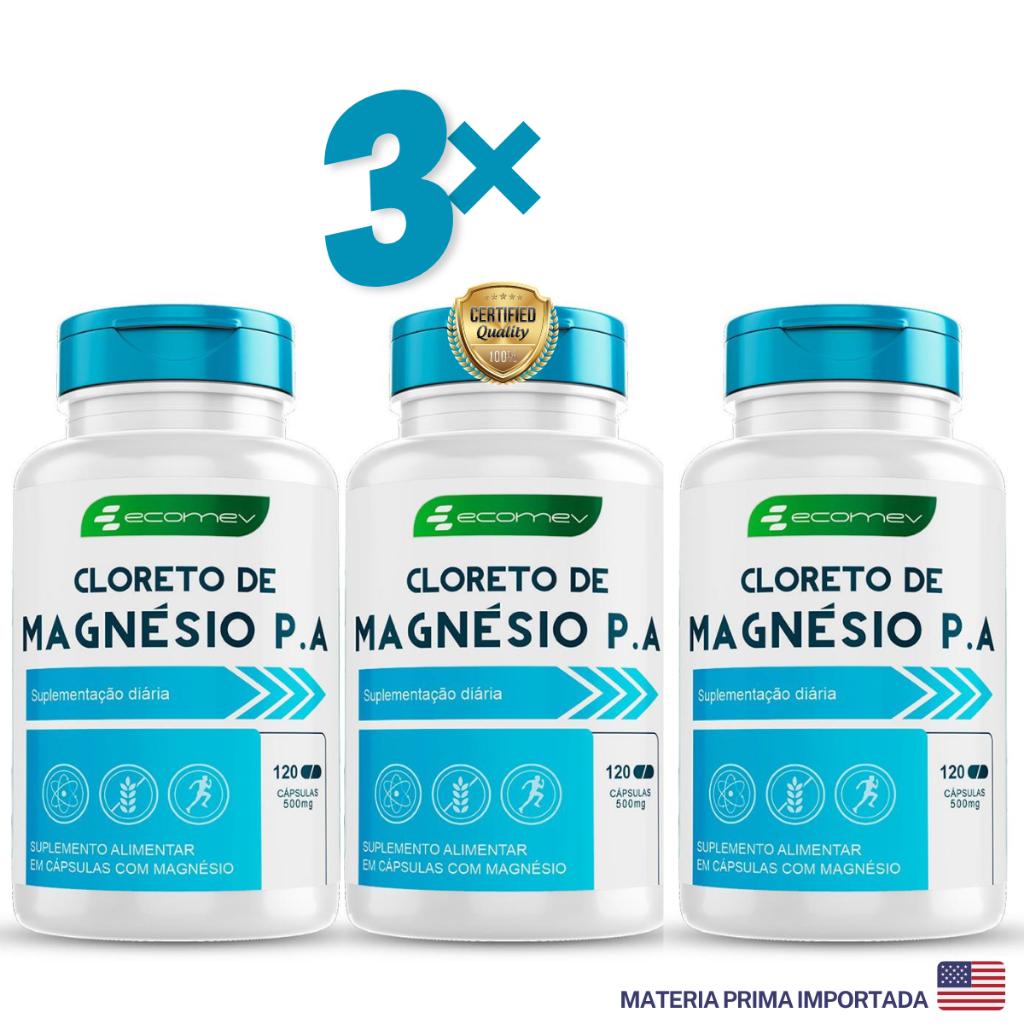 3x Cloreto Magnesio P.A Puro Concentrado 500mg 360Cáps Ecomev Com Laudo