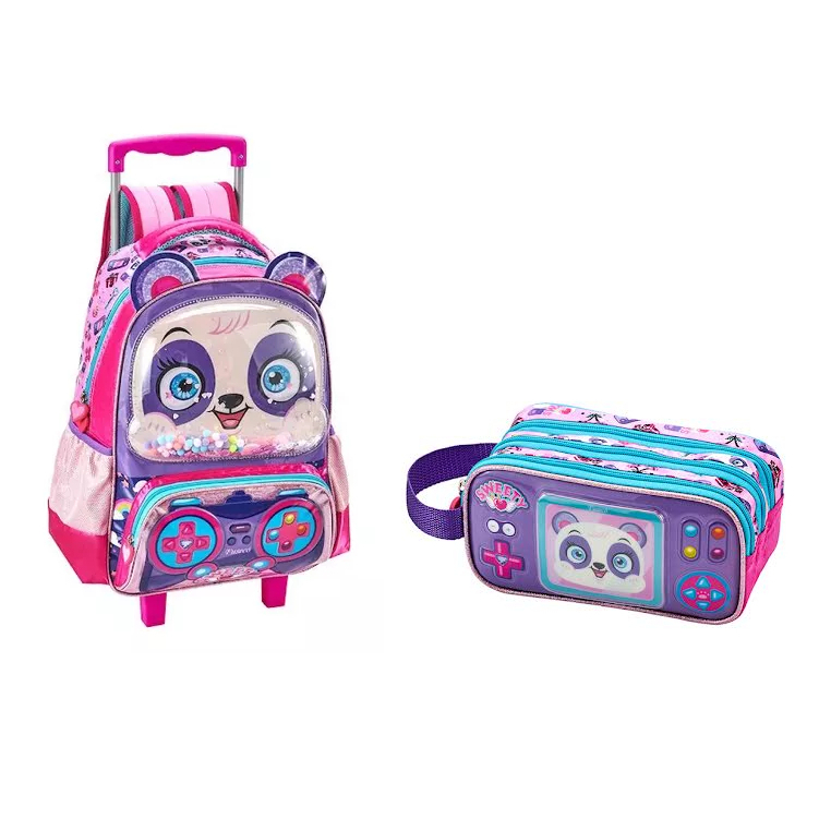 Mochila Escolar Rodinha Carrinho Mochilete Panda Game Start Grande Menina + Estojo Triplo