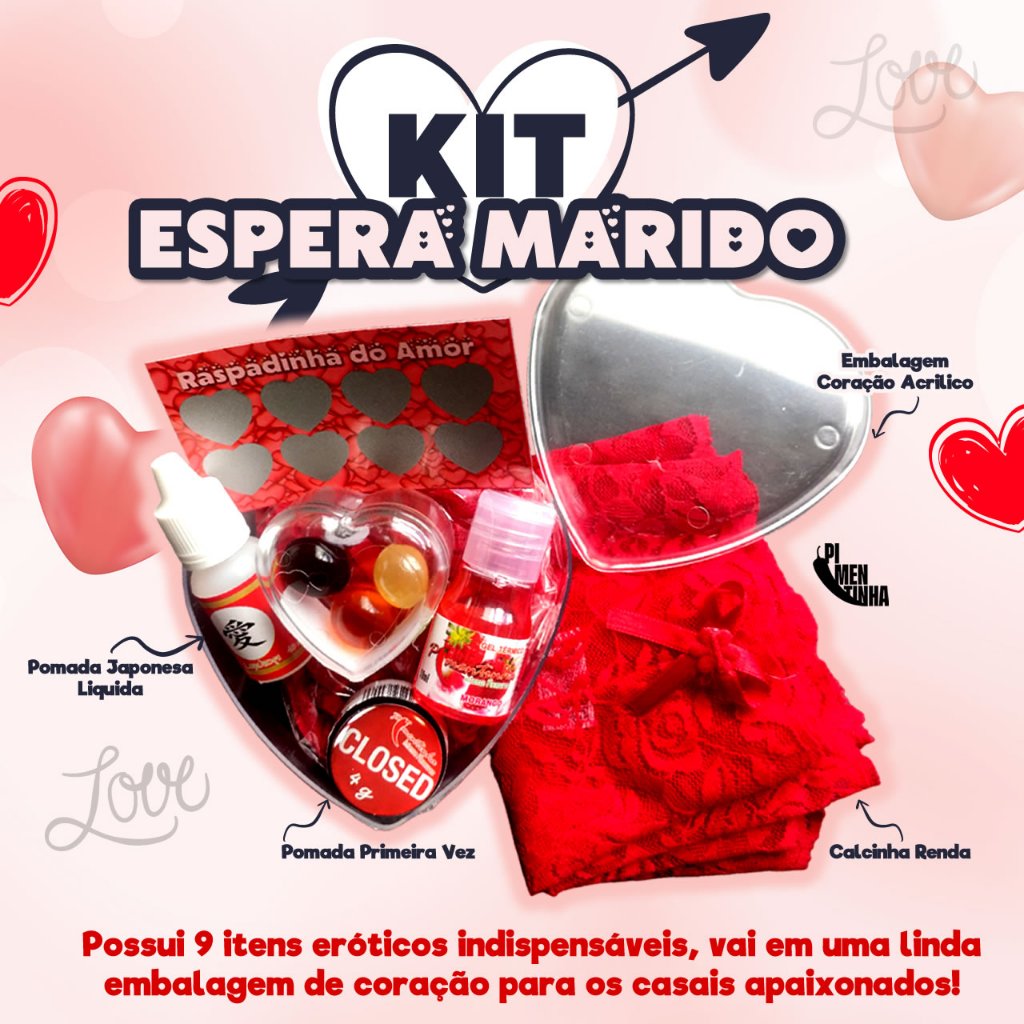 Kit Espera Marido no coração 9 itens sex shop, calcinha, gel comestivel, bolinhas, lubrificantes, Sexy Renda