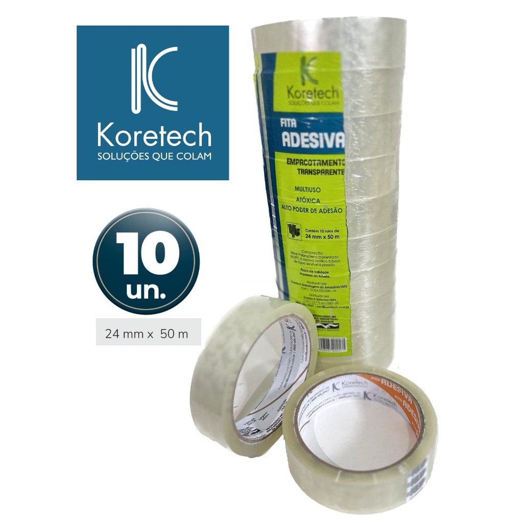 10 Rolos Fita Adesiva 24mm x 50m Transparente KoreTech Alta Aderência Economica em Oferta na Shopee