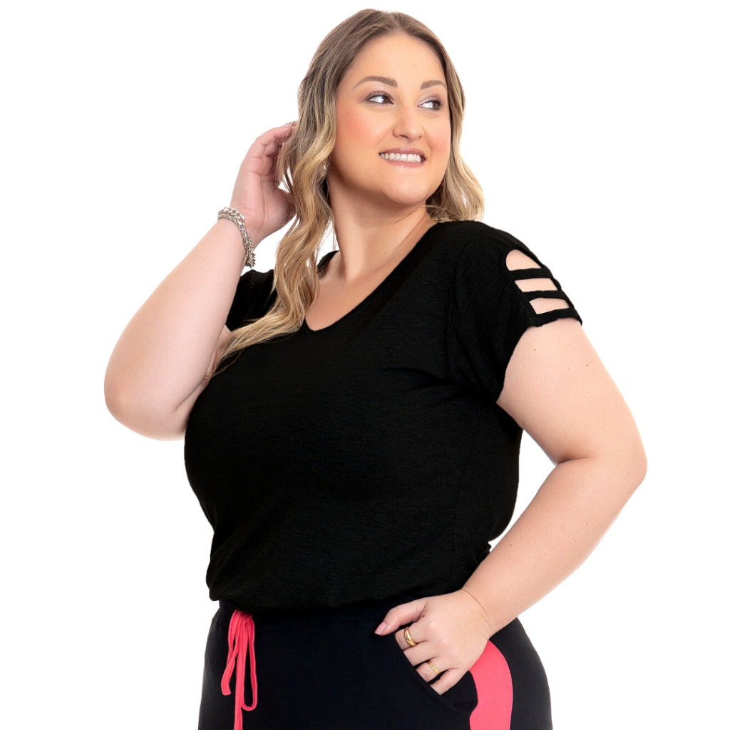 Blusa Plus Size Feminina Moderna Detalhe Aberto Manga Curta 0201