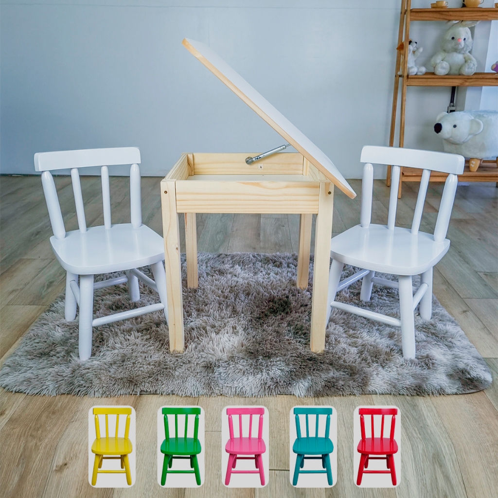 Conjunto Mesa Baú Infantil Educativa Atividades Madeira Resistente 2 Cadeiras Colorida Laqueada