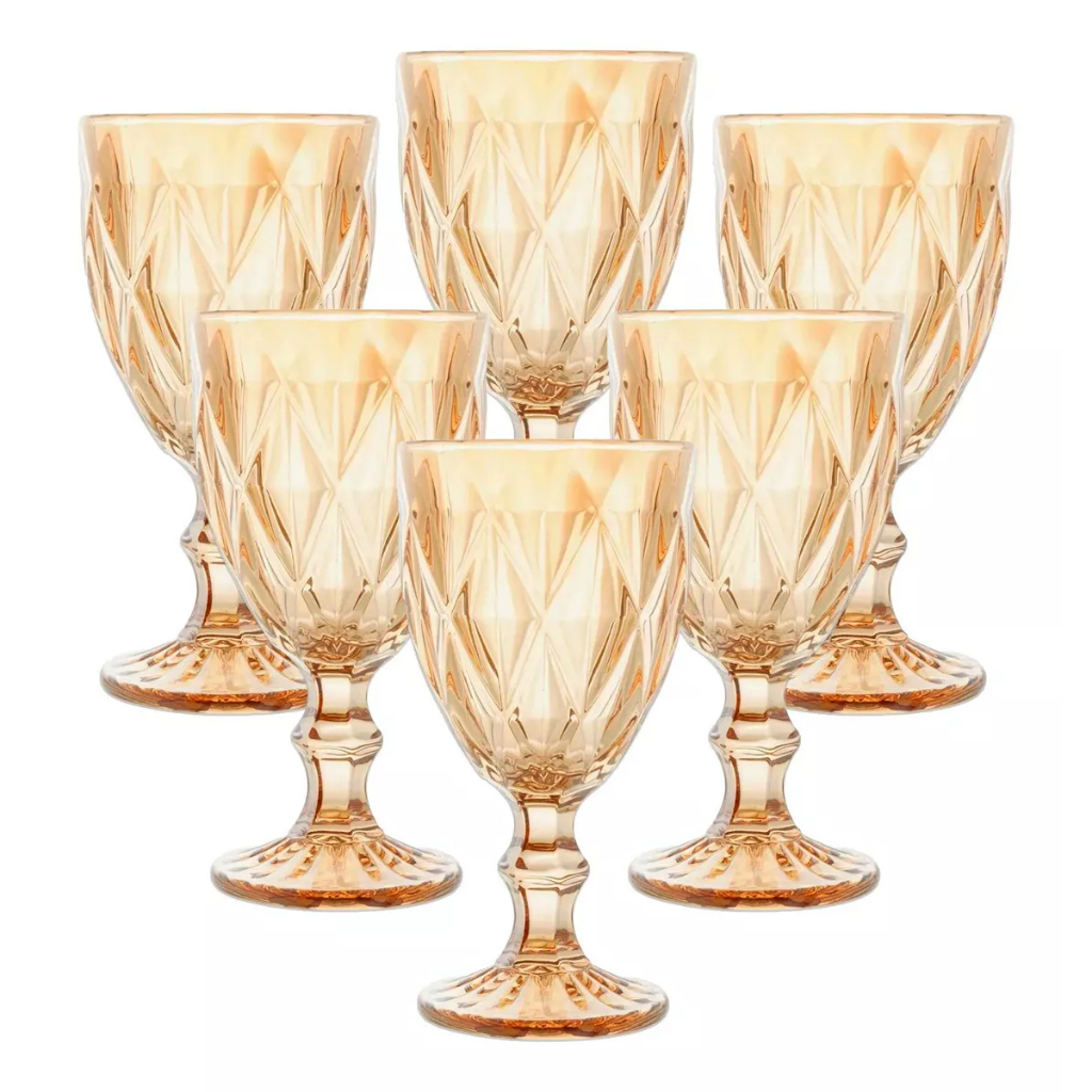 Jogo de 6 Taças Diamond Âmbar Transparente Copo Vidro Cristal 340 ml Para Água Vinho