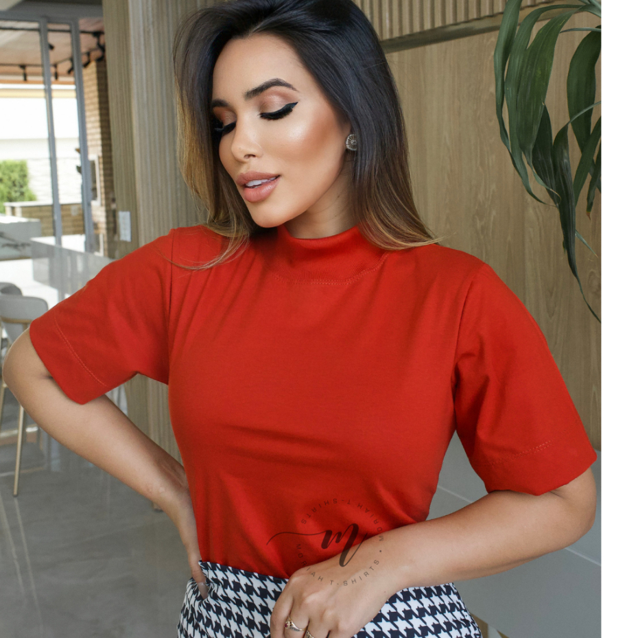 Tshirt Feminina Gola Alta Blusinha Gola Alta Moda Blogueira Blusa Camiseta Estilosa Algodão Blusas Feminina Basica em Oferta na Shopee