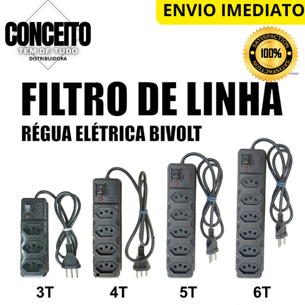 FILTRO DE LINHA RÉGUA DE TOMADAS 6, 5, 4 e 3 tomadas tripolar 10 Amperes com fusível