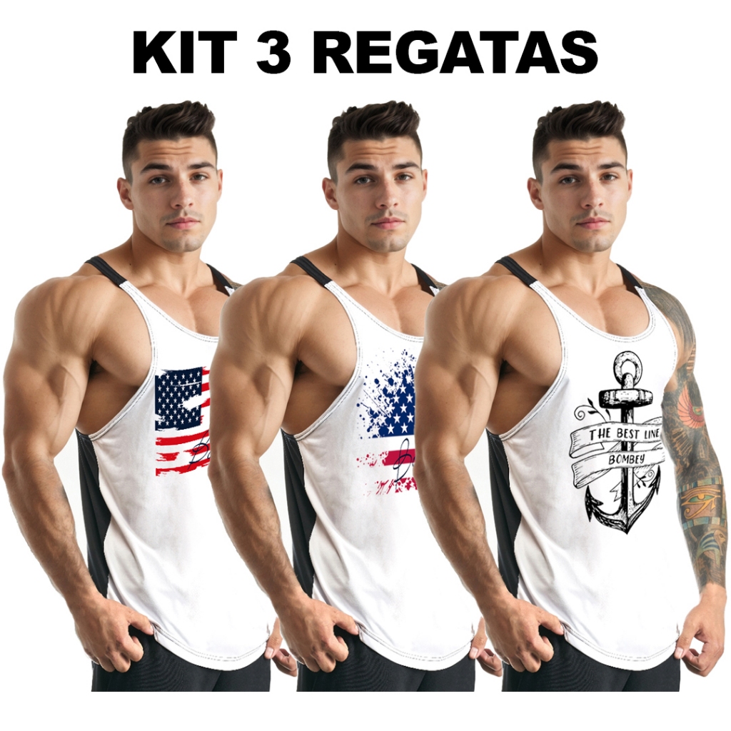 Kit com 3 Camiseta Regatas Cavada Masculina em Dry - Bombey