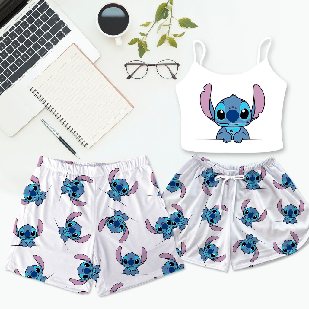 Pijama Casal Kit Baby Doll Cropped Stitch Feminino e Shorts Samba Canção Masculino em Oferta na Shopee