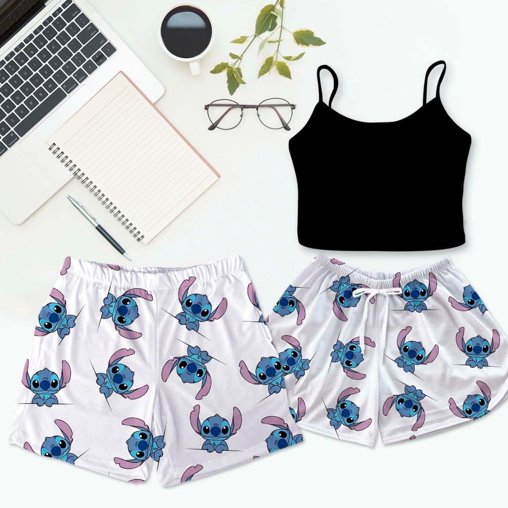 Pijama Casal Kit Baby Cropped Preto Stitch Feminino e Shorts Samba Canção Masculino em Oferta na Shopee