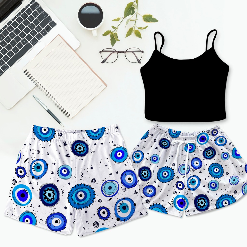 Kit Pijama Casal Mozão Cropped Preto Olho Grego Azul