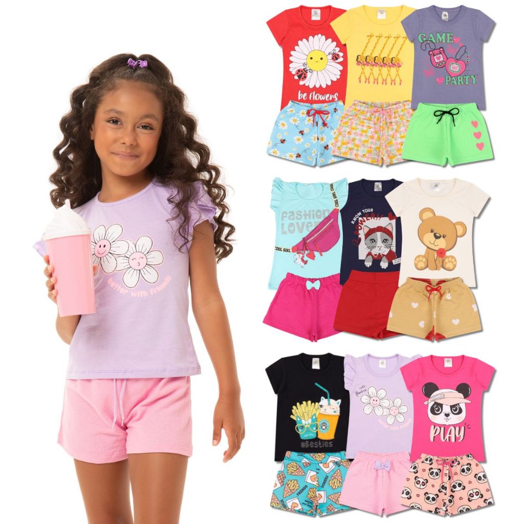 Kit 10 Peças de Roupas Infantil Menina - 5 Camisetas + 5 Bermudas em Oferta na Shopee