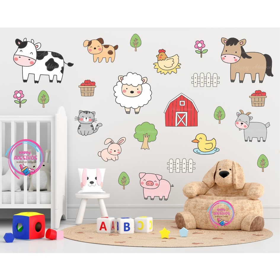 Adesivo de Parede Fazendinha Infantil Animais Colante Decoração Quarto Fazenda Menino Menina