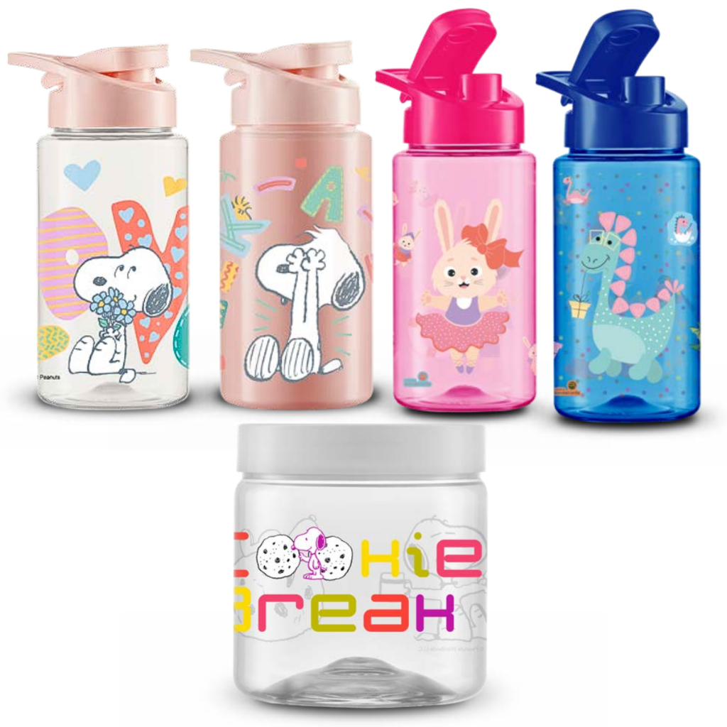 Kit Lancheira Garrafa Água 500ml + Pote Biscoitos 1000ml Snoopy Hora do Lanche Cookie Break Lancheira Infantil Escolar