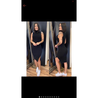 Vestido Fenda na Lateral Gola Alta Moda Feminina