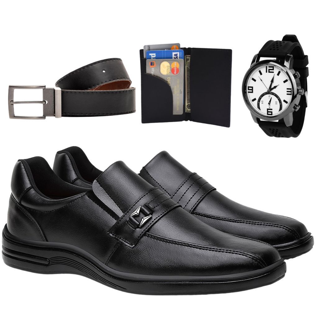 Sapato Social Masculino Oxford Elástico Preto Sola Costurada Bico Quadrado + Combo Kit