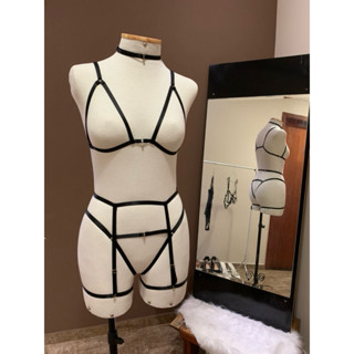Conjunto Sexy Lingerie Erótica com Cinta Liga Regulável Coleira feminina calcinha sutiã