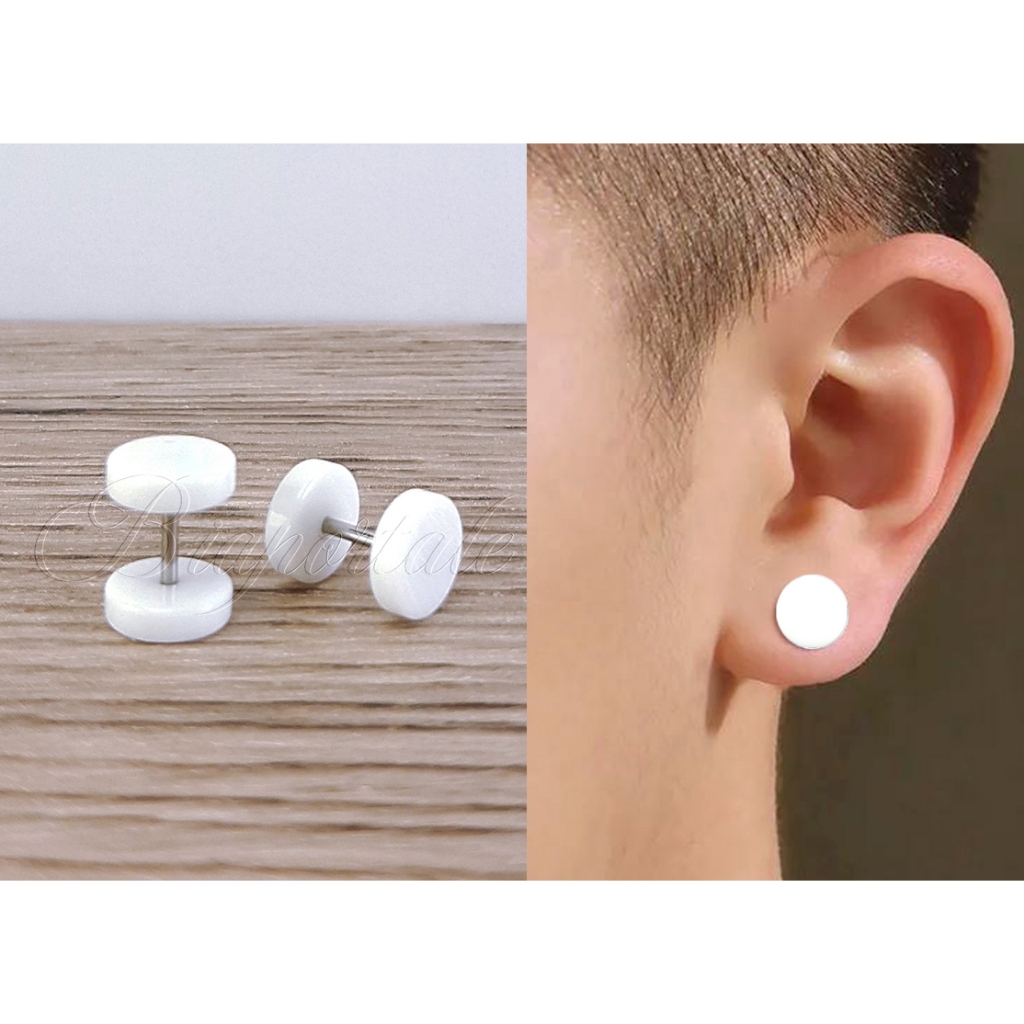 Falso Alargador Branco Par de Brincos em Aço e Acrílico Masculino Feminino em Oferta na Shopee