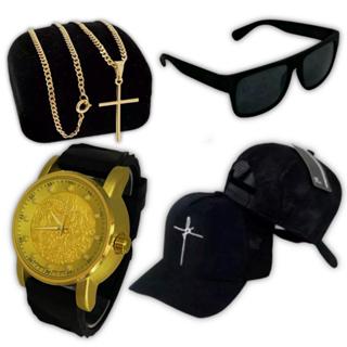 Kit Masculino Relógio Pesado + Boné Fé Premium + Óculos + Corrente Banhado a Ouro 18K