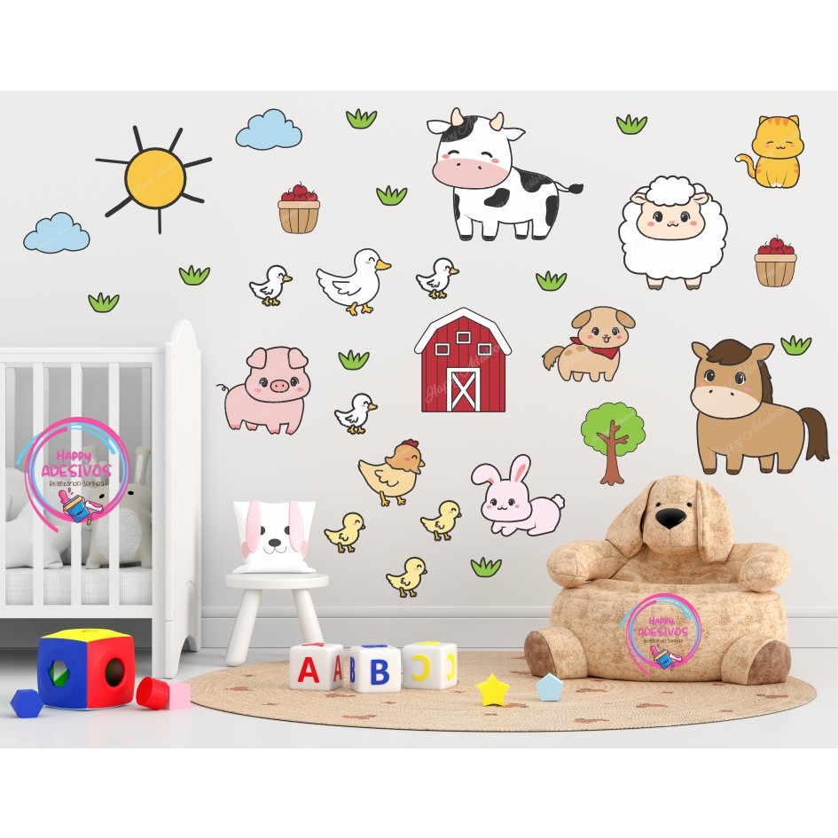 Adesivo de Parede Decoração Fazendinha Animais Infantil Menino Menina Baby Selva Safari Zoo Bebe