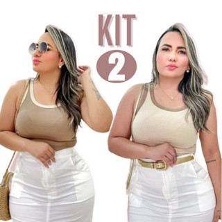 kit 2 Blusa Regata Feminina Básica Bicolor Canelada Premium