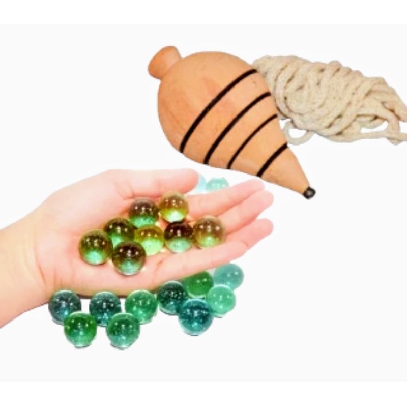 Pião de madeira com fieira + 50 bolinhas de gude fubeca berlindes brinquedo retrô