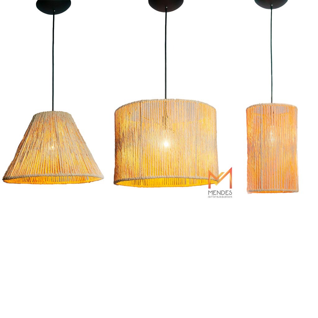 Kit com 3 Luminária Lustre Pendente Palha de Milho Composição