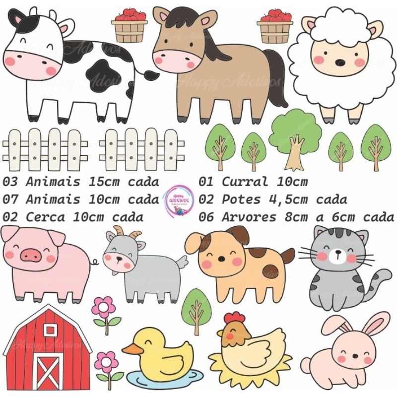 Kit 21 Adesivos Animais Fazenda Fazendinha Cavalo Patinho Coelhinho Gato Cachorro Zoo Colante Quarto Menina Menino