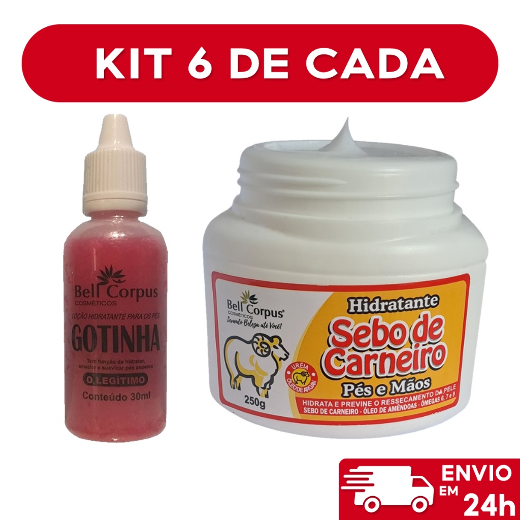 6 Kits para Rachadura nos Pés Gota Milagrosa + Sebo de Carneiro Bell Corpus