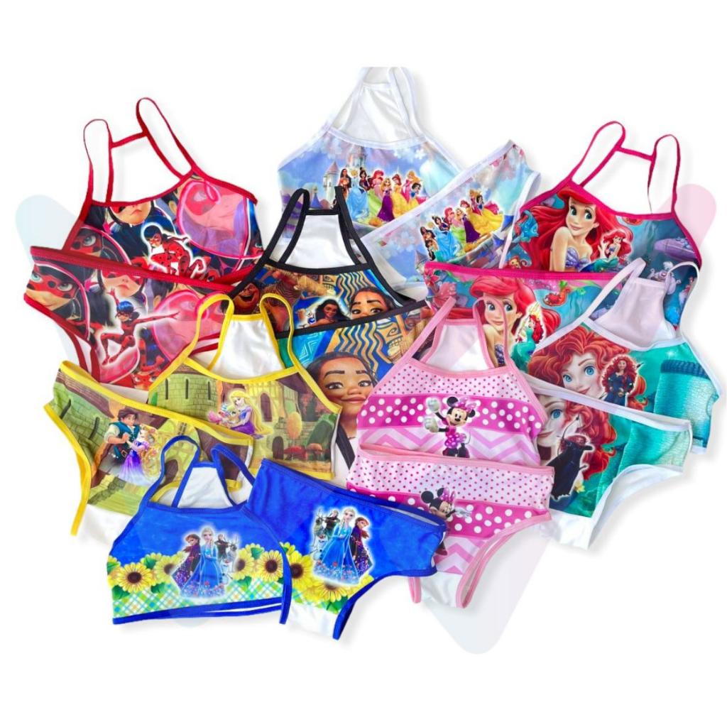 Kit 3 Conjuntos Infantil Sublimado Menina Moça Personagens Desenhos Top Calcinha em Oferta na Shopee