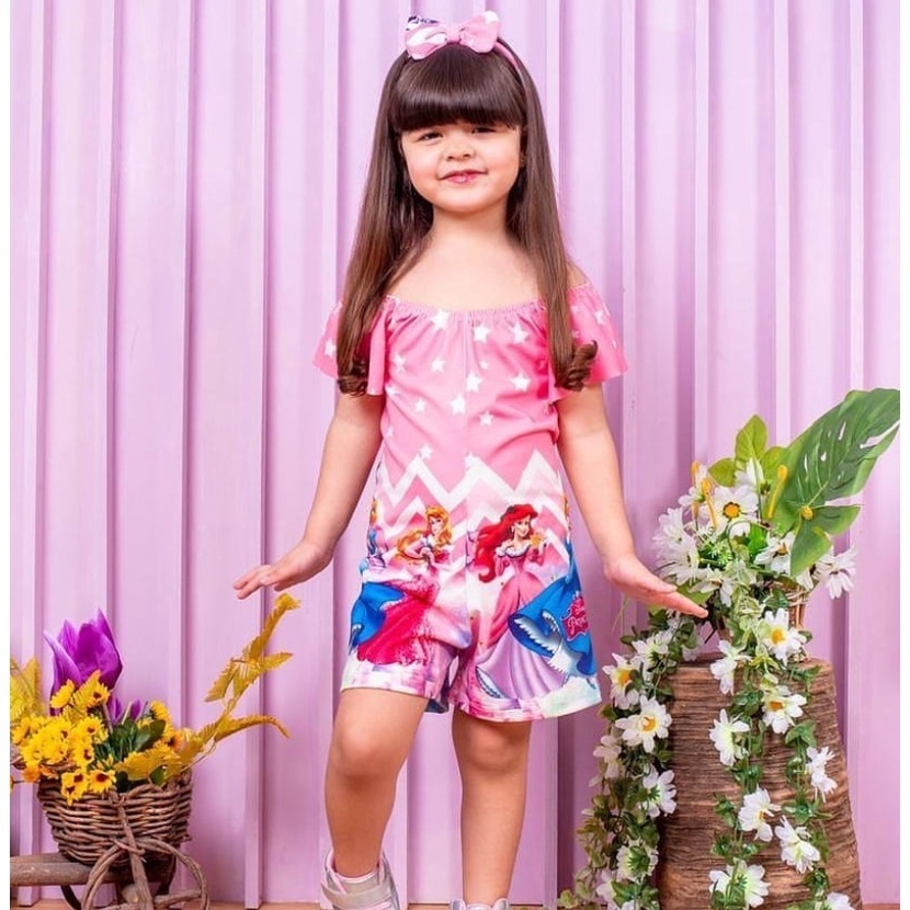 KIT 2 macaquinho blogueirinha feminino infantil suplex estampado personagens temático moda infantil roupas de menina.