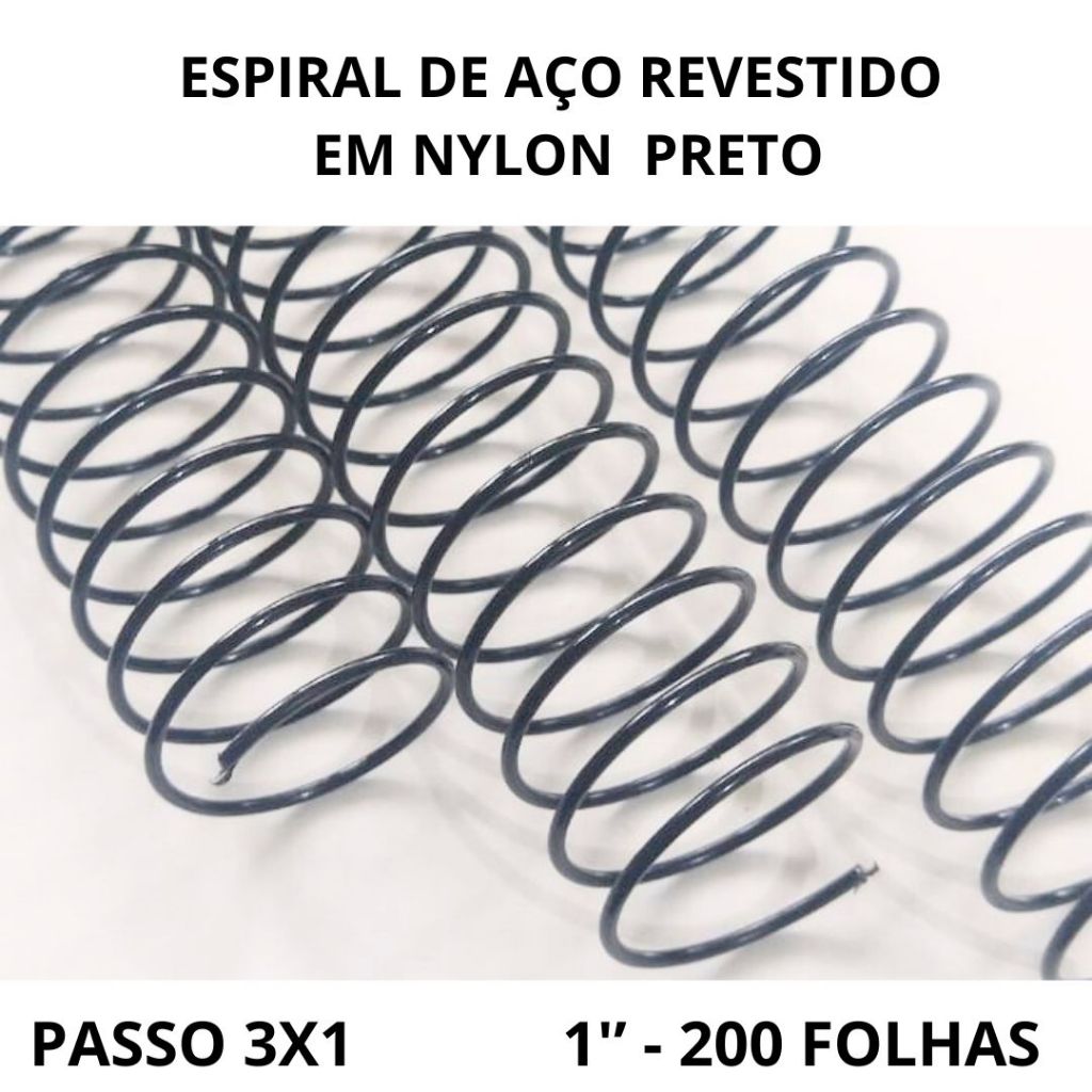 kIT C/ 03 - Espiral de Aço para Encadernação Revestido em Nylon 1/1'' (200 fls) Passo 3x1 - PRETO em Oferta na Shopee