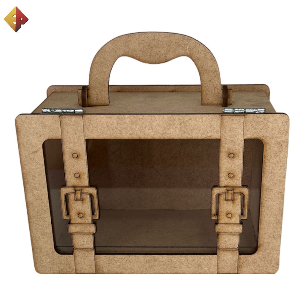 Caixa Maletinha com Alça, Fecho, Dobradiça e Tampa Acrílica em MDF Cru 10x16x10cm - Caixa Organizadora, Caixa Maleta, Maletinha, Caixa com dobradiça, Caixa com Tampa, Presente, Lembrancinha, Porta Jóia